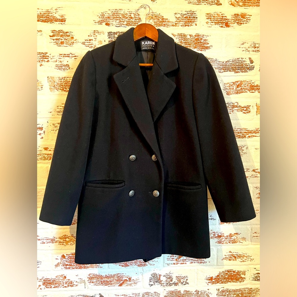 Karen Petites 100% Wool Pea Coat Black Size PS